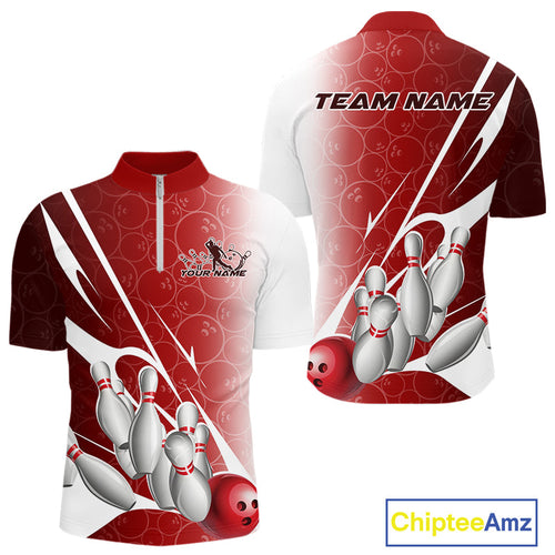 Custom Red Bowling Pattern Bowling Team Quarter-Zip Shirts For Men, Red Bowling Jerseys IPHW9427