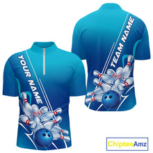 Load image into Gallery viewer, Custom Blue Bowling Pattern Bowling Team Quarter-Zip Shirts For Men, Blue Bowling Jerseys IPHW9428