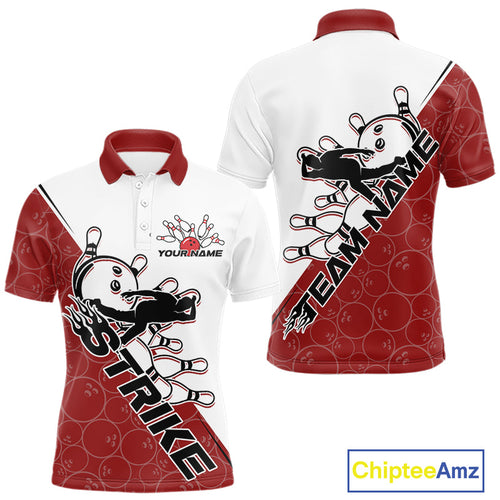 Cusom Red Strike Bowling Team Polo Shirts For Men, Bowling League Shirt Bowlers Outfit IPHW9259
