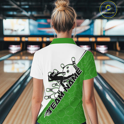 Cusom Green Strike Bowling Team Women Quarter-Zip Shirt, Bowling League Bowler Outfit IPHW9261
