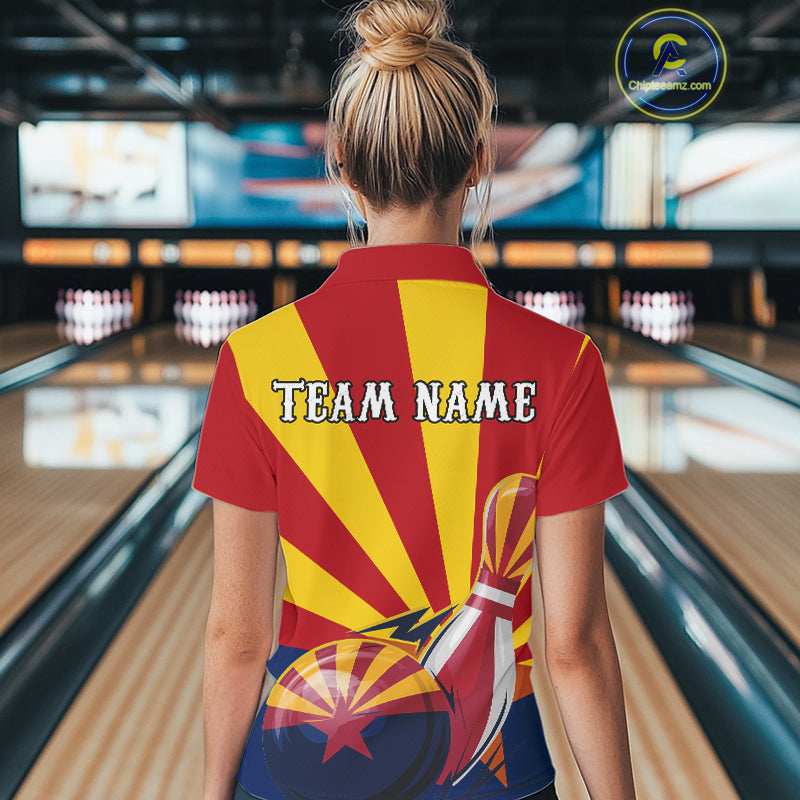 Custom Arizona Flag Bowling Team Polo Shirts For Women, Bowling Tournament Shirt IPHW9265