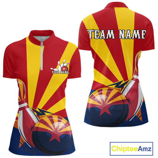 Custom Arizona Flag Bowling Team Quarter-Zip Shirts For Women, Bowling Tournament Shirt IPHW9265