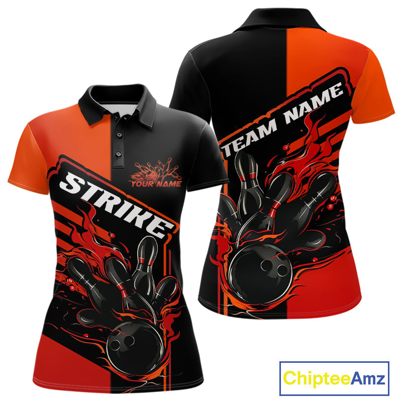 Custom Red Orange Flame Strike Bowling Polo Shirts For Women, Fire Bowling League Shirt IPHW9267