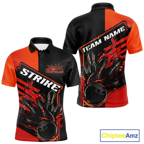 Custom Red Orange Flame Strike Bowling Polo Shirts For Men, Fire Bowling League Shirt IPHW9267