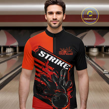 Load image into Gallery viewer, Custom Red Orange Flame Strike Bowling Quarter-Zip Shirts For Men, Fire Bowling League Shirt IPHW9267