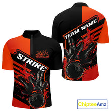 Load image into Gallery viewer, Custom Red Orange Flame Strike Bowling Quarter-Zip Shirts For Men, Fire Bowling League Shirt IPHW9267