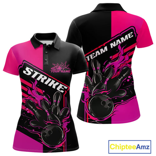 Custom Black And Pink Flame Strike Bowling Polo Shirts For Women, Bowling League Shirt IPHW9269