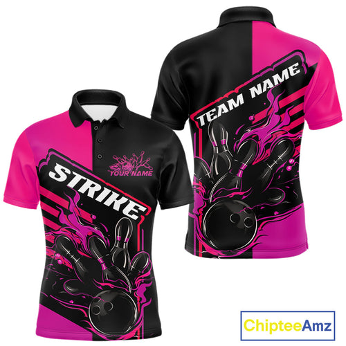 Custom Black And Pink Flame Strike Bowling Polo Shirts For Men, Fire Bowling League Shirt IPHW9269