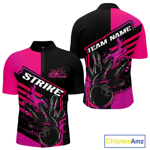 Custom Black And Pink Flame Strike Bowling Quarter-Zip Shirts For Men, Fire Bowling League Shirt IPHW9269