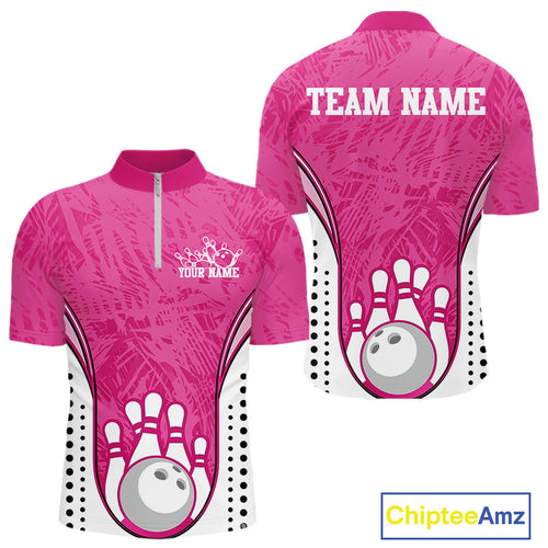 Custom Pink Camo Bowling Team Quarter-Zip Shirts For Men, Bowling Jerseys Bowler Outfit IPHW9596