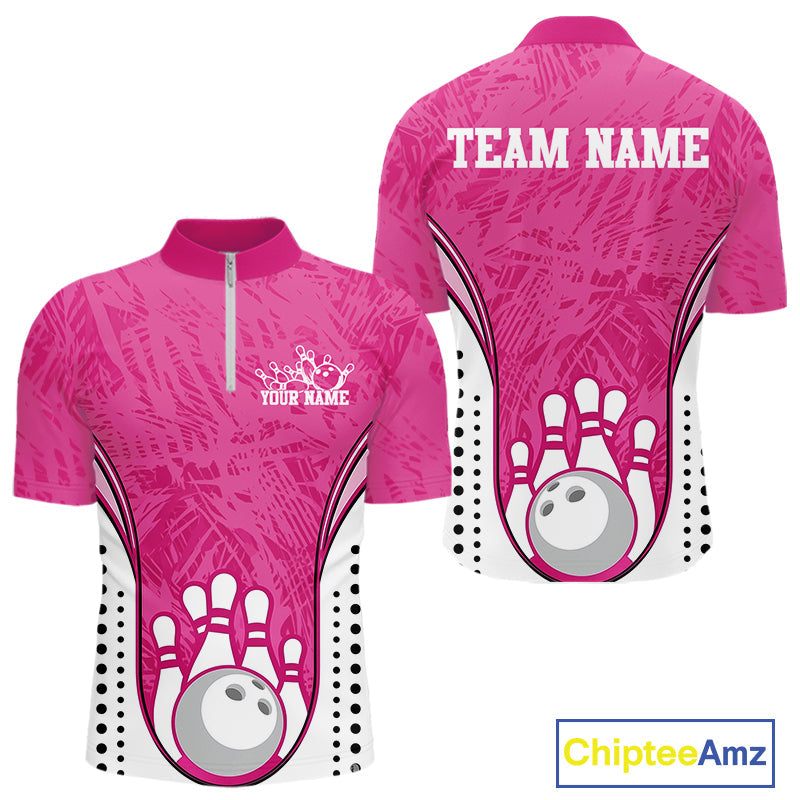 Custom Pink Camo Bowling Team Quarter-Zip Shirts For Men, Bowling Jerseys Bowler Outfit IPHW9596