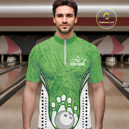Custom Green Camo Bowling Team Quarter-Zip Shirts For Men, Bowling Jerseys Bowler Outfit IPHW9597