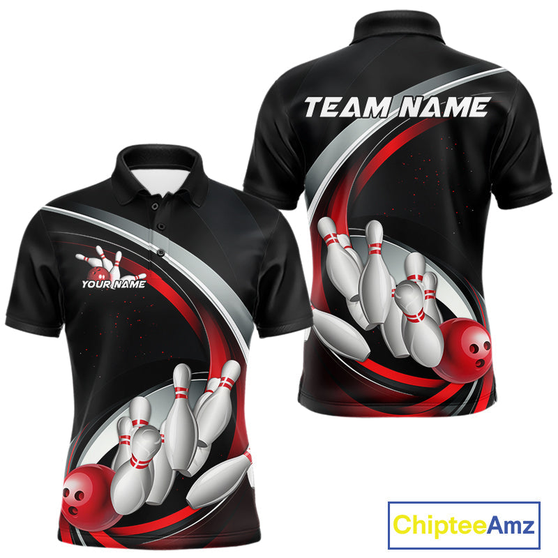 Custom Black And Red Bowling Team Jerseys, Bowler Uniform Bowling Polo Shirts For Men IPHW9276