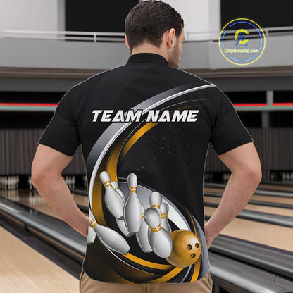 Custom Black Yellow Bowling Team Jerseys, Bowler Uniform Bowling Quarter-Zip Shirts For Men IPHW9278