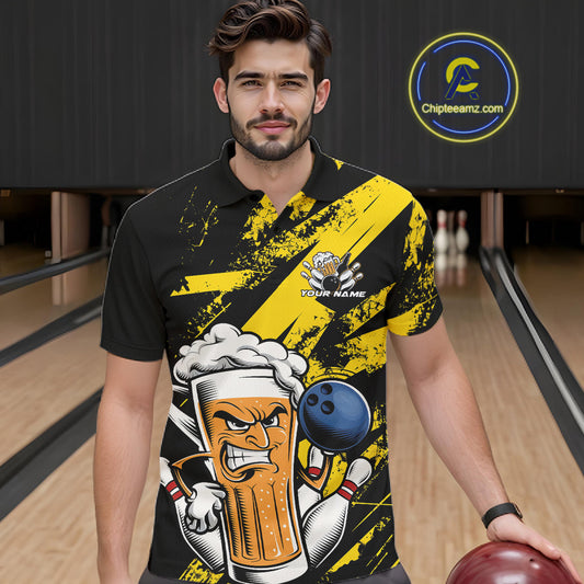 Custom Grunge Yellow Funny Bowling And Beer Polo Shirts For Men, Bowling Team Uniform IPHW9607