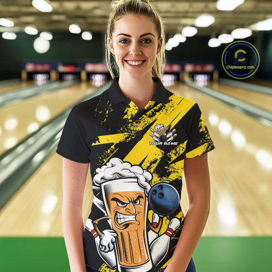 Custom Grunge Yellow Funny Bowling And Beer Polo Shirts For Women, Bowling Team Uniform IPHW9607