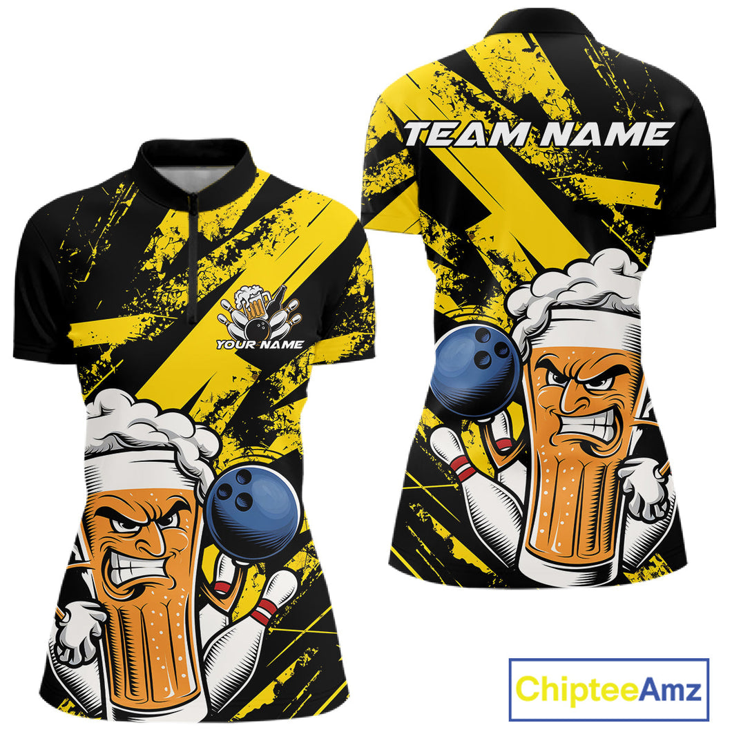 Custom Grunge Yellow Funny Bowling And Beer Women Quarter-Zip Shirt, Bowling Team Uniform IPHW9607