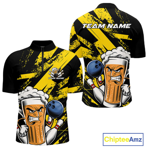 Custom Grunge Yellow Funny Bowling And Beer Quarter-Zip Shirts For Men, Bowling Team Uniform IPHW9607