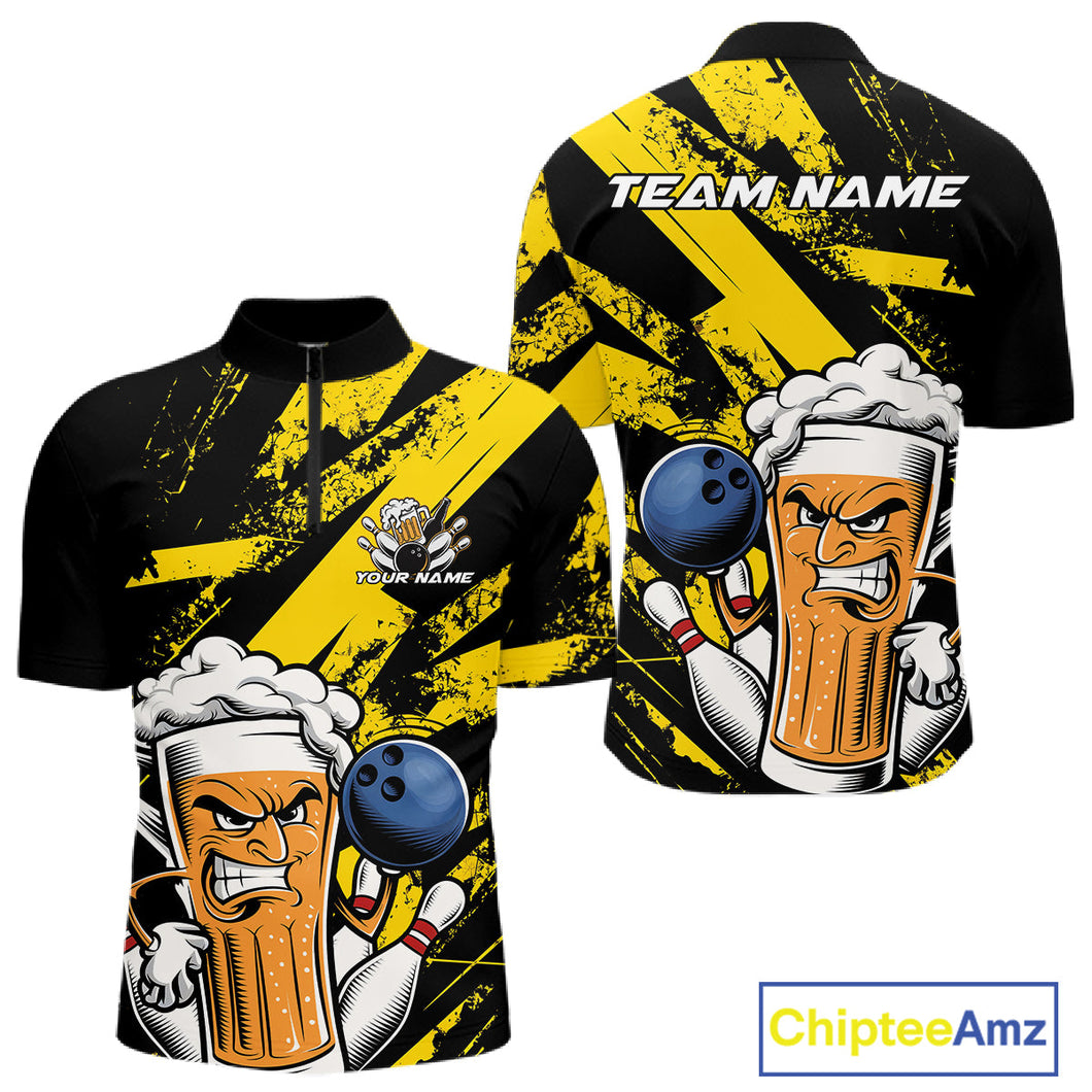 Custom Grunge Yellow Funny Bowling And Beer Quarter-Zip Shirts For Men, Bowling Team Uniform IPHW9607