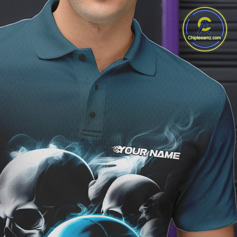 Custom Teal Blue Smoke Skull Bowling Polo Shirts For Men, Ghostly Halloween Bowling Outfit IPHW9519