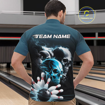 Custom Teal Blue Smoke Skull Bowling Quarter-Zip Shirts For Men, Ghostly Halloween Bowling Outfit IPHW9519