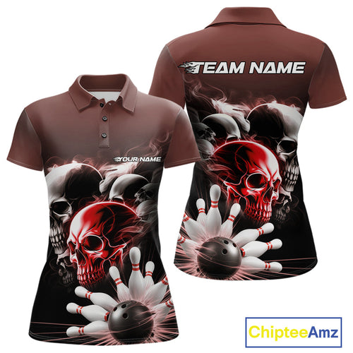 Custom Red Smoke Skull Bowling Polo Shirts For Women, Ghostly Halloween Bowling Outfit IPHW9520