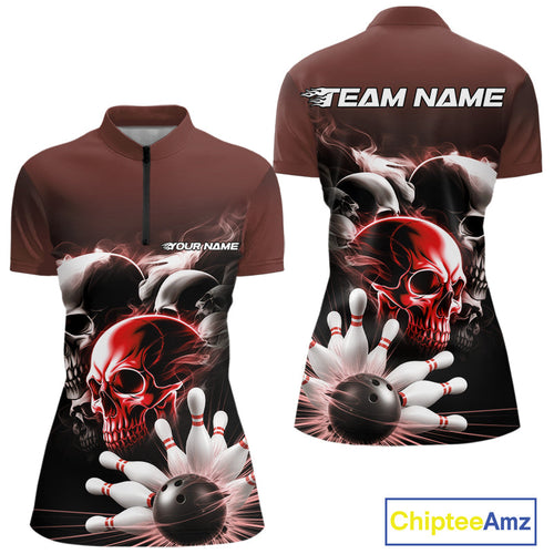 Custom Red Smoke Skull Bowling Women Quarter-Zip Shirt, Ghostly Halloween Bowling Outfit IPHW9520