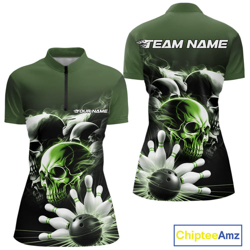 Custom Green Smoke Skull Bowling Women Quarter-Zip Shirt, Ghostly Halloween Outfit IPHW9522