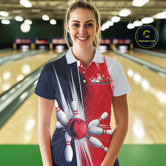 Custom Red, White And Blue Bowling Team Polo Shirts For Women, Bowling Jerseys IPHW9546