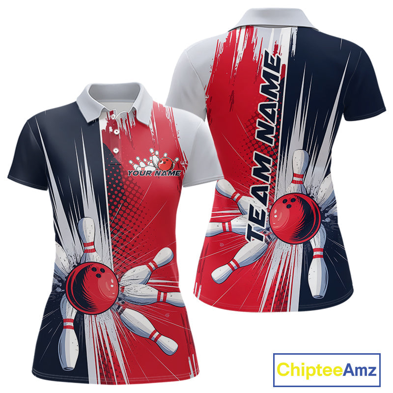 Custom Red, White And Blue Bowling Team Polo Shirts For Women, Bowling Jerseys IPHW9546