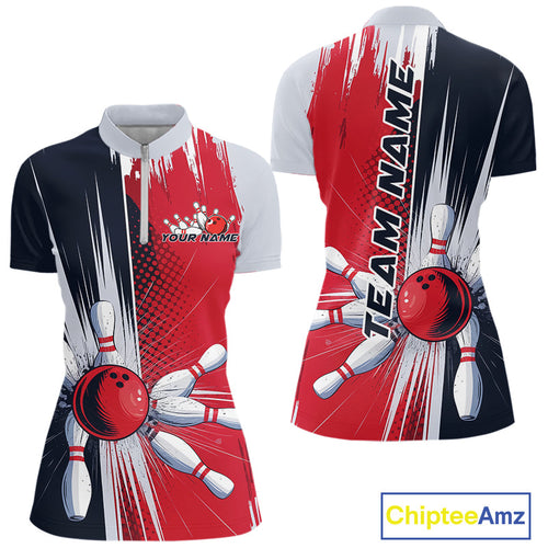 Custom Red, White And Blue Bowling Team Quarter-Zip Shirts For Women, Bowling Jerseys IPHW9546