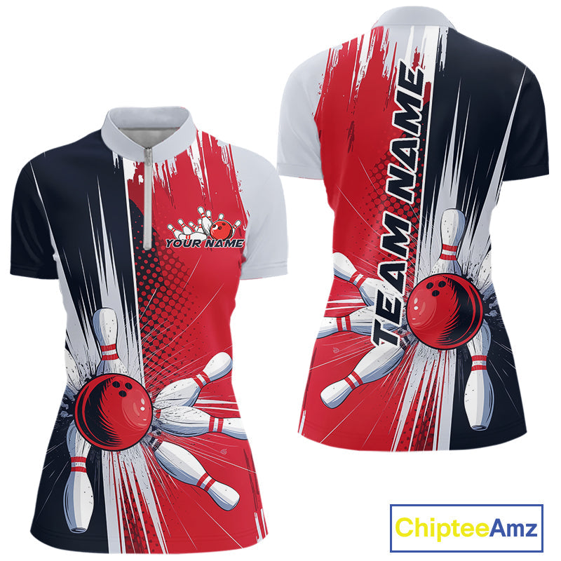 Custom Red, White And Blue Bowling Team Quarter-Zip Shirts For Women, Bowling Jerseys IPHW9546