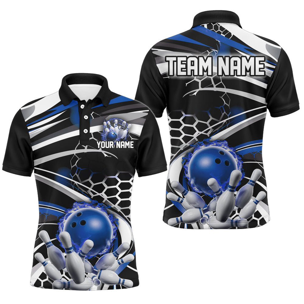 Blue And Black Custom Flame Bowling Shirt Outfit Bowling, Bowling Team League Shirts  IPHW6772