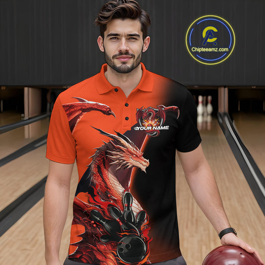 Custom Red Orange Dragon Flame Bowling Polo Shirts For Men, Bowling Tournament Shirt IPHW9330