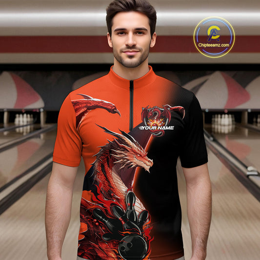 Custom Red Orange Dragon Flame Bowling Quarter-Zip Shirts For Men, Bowling Tournament Shirt IPHW9330