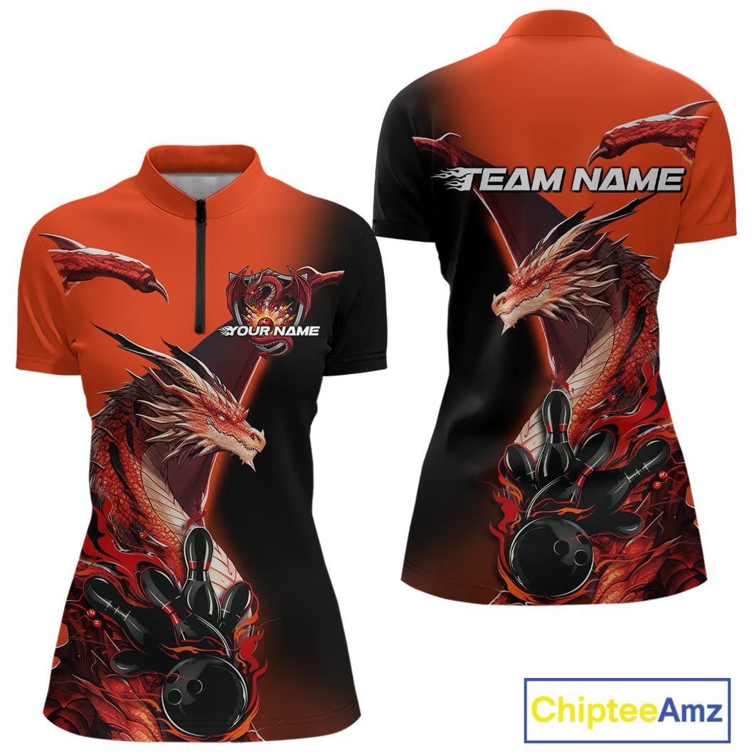 Custom Red Orange Dragon Flame Bowling Women Quarter-Zip Shirt, Bowling Tournament Shirt IPHW9330