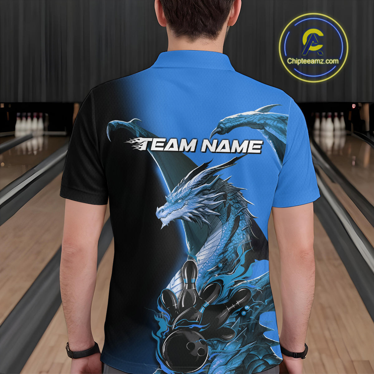 Custom Blue Dragon Flame Bowling Polo Shirts For Men, Bowling Tournament Shirt IPHW9331