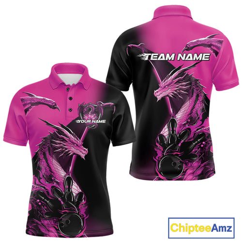 Custom Pink Dragon Flame Bowling Polo Shirts For Men, Bowling Tournament Shirt IPHW9332