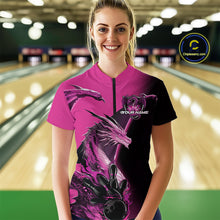 Load image into Gallery viewer, Custom Pink Dragon Flame Bowling Quarter-Zip Shirt For Women, Bowling Tournament Shirt IPHW9332