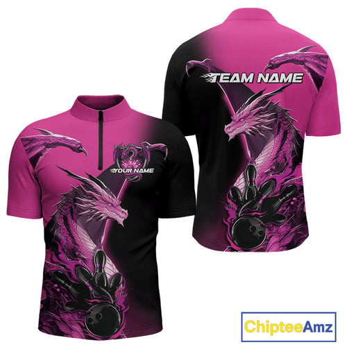 Custom Pink Dragon Flame Bowling Quarter-Zip Shirts For Men, Bowling Tournament Shirt IPHW9332