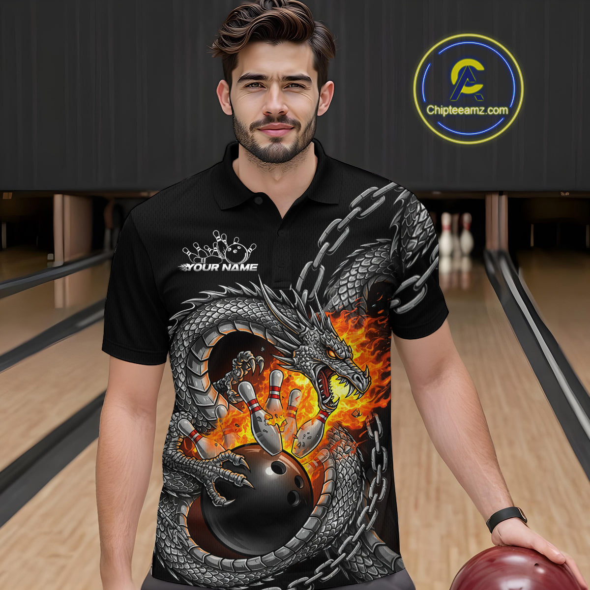 Custom Metal Chain Flame Dragon Bowling Polo Shirts For Men, Bowlin Team Shirt IPHW9097