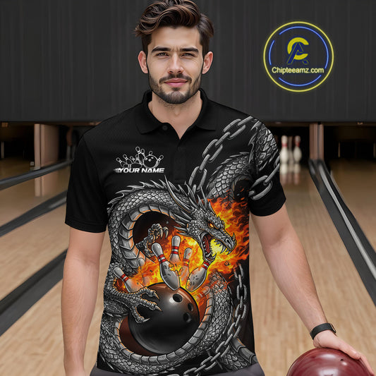 Custom Metal Chain Flame Dragon Bowling Polo Shirts For Men, Bowlin Team Shirt IPHW9097