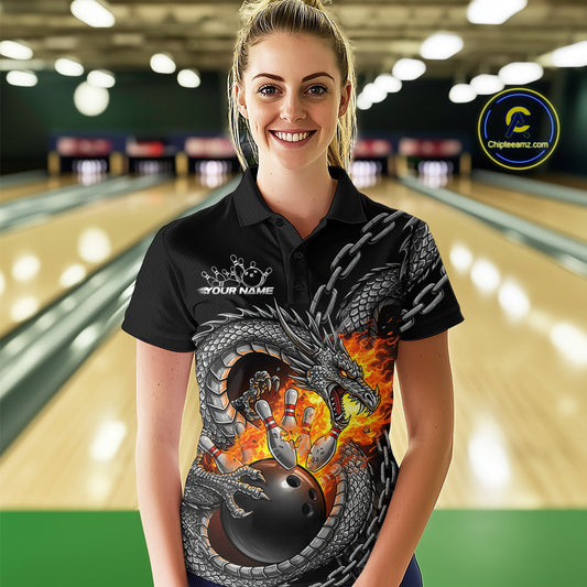Custom Metal Chain Flame Dragon Bowling Polo Shirts For Women, Bowlin Team Shirt IPHW9097
