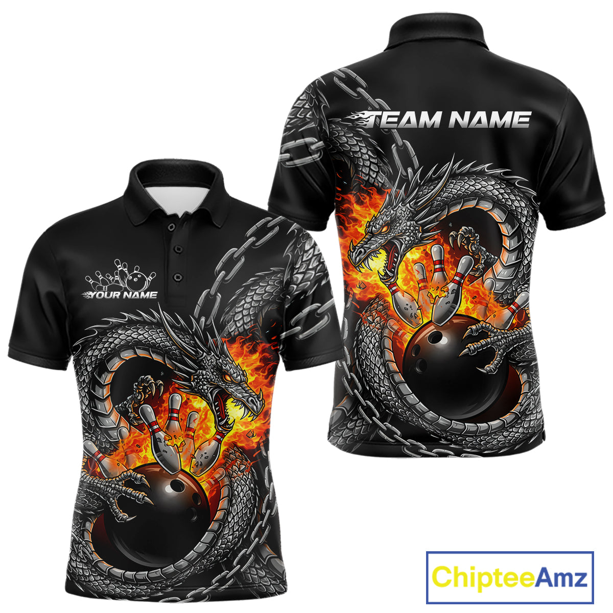 Custom Metal Chain Flame Dragon Bowling Polo Shirts For Men, Bowlin Team Shirt IPHW9097