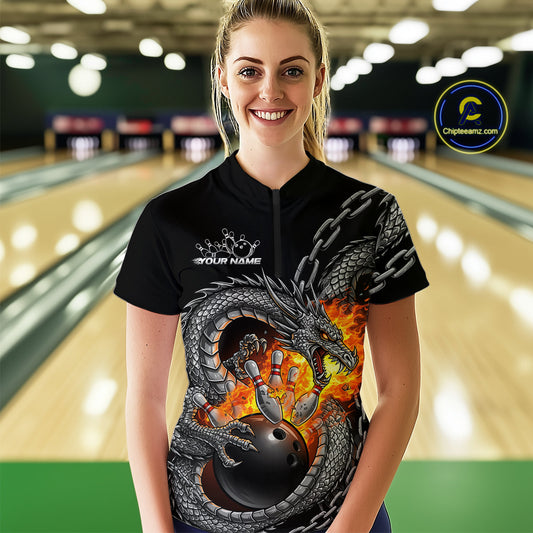 Custom Metal Chain Flame Dragon Bowling Quarter-Zip Shirts For Women, Bowlin Team Shirt IPHW9097