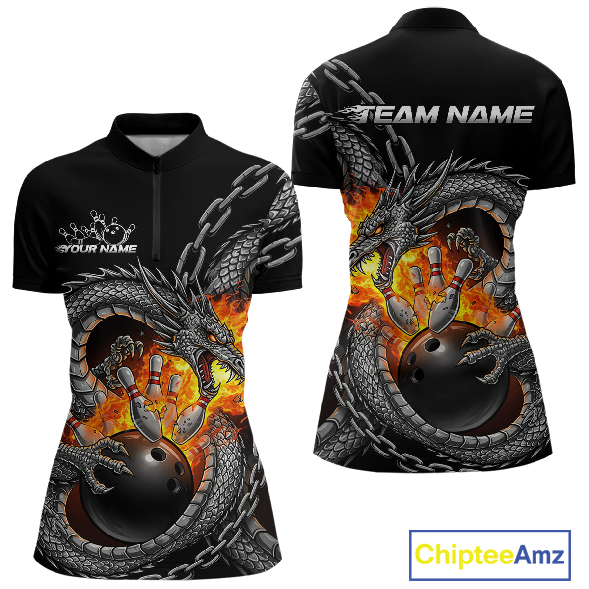 Custom Metal Chain Flame Dragon Bowling Quarter-Zip Shirts For Women, Bowlin Team Shirt IPHW9097