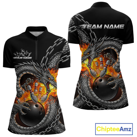 Custom Metal Chain Flame Dragon Bowling Quarter-Zip Shirts For Women, Bowlin Team Shirt IPHW9097