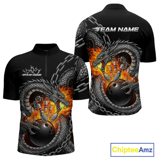 Custom Metal Chain Flame Dragon Bowling Quarter-Zip Shirts For Men, Bowlin Team Shirt IPHW9097