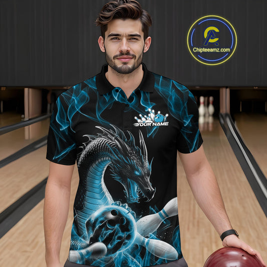 Custom Black And Blue Fire Flame Dragon Bowling Polo Shirt For Men, Dragon Bowling Jersey IPHW9822