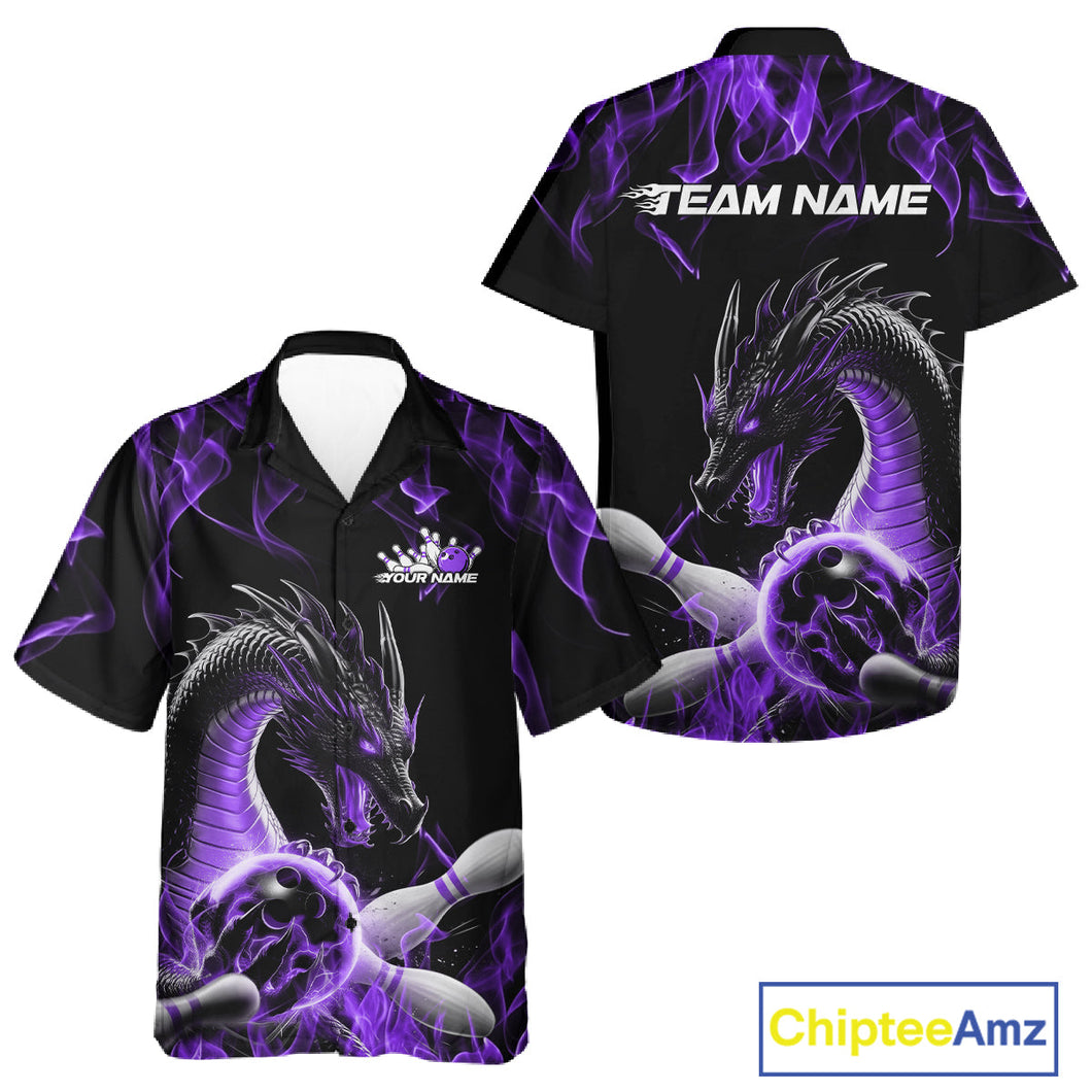 Custom Black And Purple Fire Flame Dragon Bowling Hawaiian Shirt For Men And Women, Dragon Bowling Jersey IPHW9823